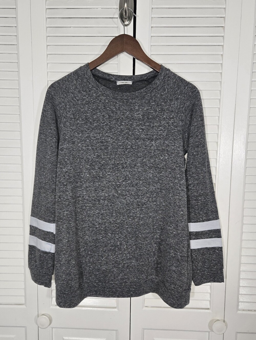 First Love Heather Gray Long Sleeve Blue Varsity Stripe Sleeves Sporty Top Sz S